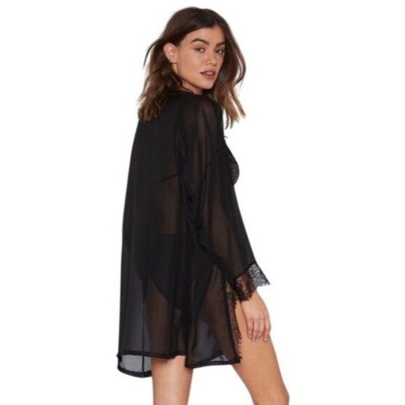 NWOT Nasty Gal Black Sheer Chiffon & Lace Trim Robe | Romantic Whimsigoth Boho - Picture 3 of 5